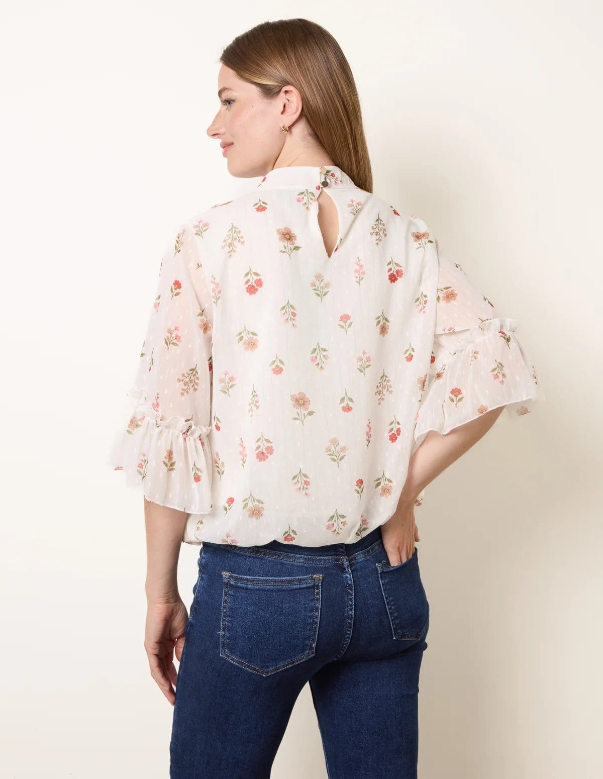 Blue Vanilla High Neck Frill Sleeve Dobby Floral Print Puffball Blouse - 4