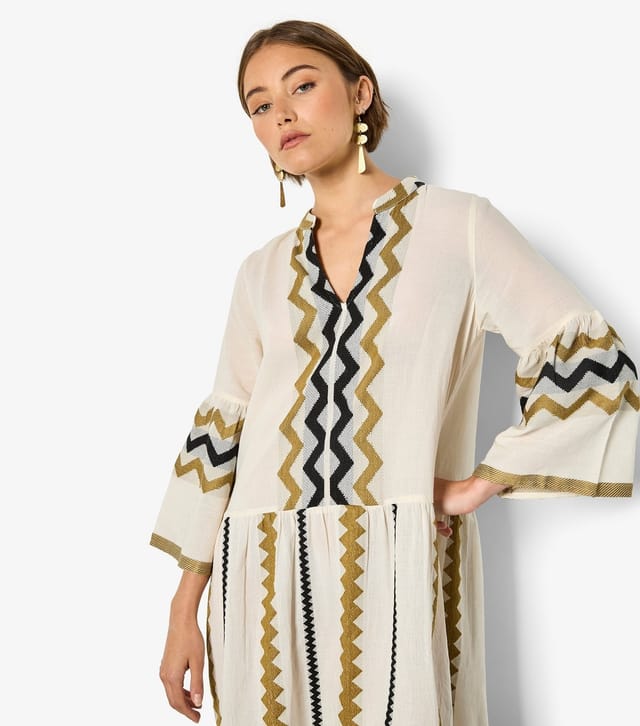Apricot Women's  Stone Zigzag Pattern Bell Sleeve Mini Dress Apricot New Look - 3