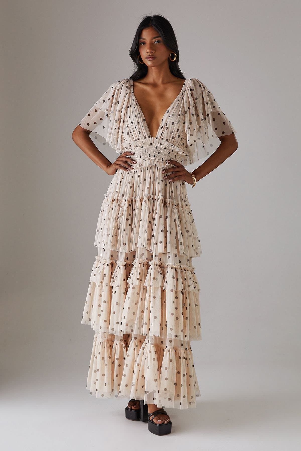 Warehouse Warehouse Women's Tulle Polka Dot Plunge Neck Flutter Sleeve Tier Maxi Dress in Cream
