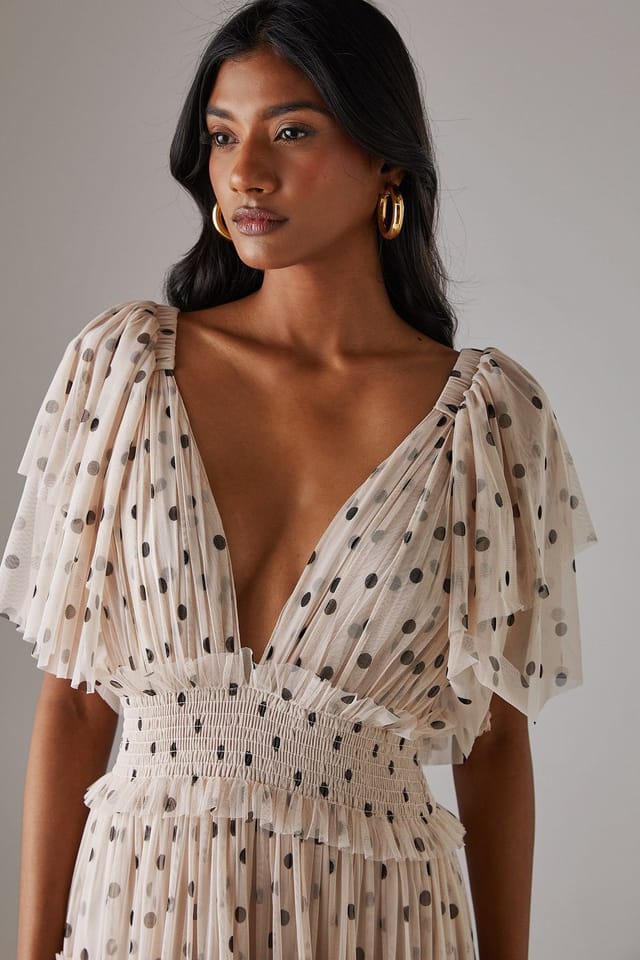 Warehouse Warehouse Women's Tulle Polka Dot Plunge Neck Flutter Sleeve Tier Maxi Dress in Cream - 2