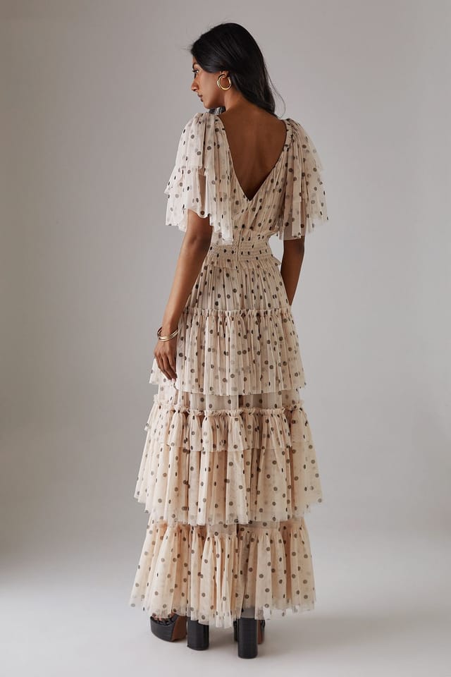Warehouse Warehouse Women's Tulle Polka Dot Plunge Neck Flutter Sleeve Tier Maxi Dress in Cream - 3