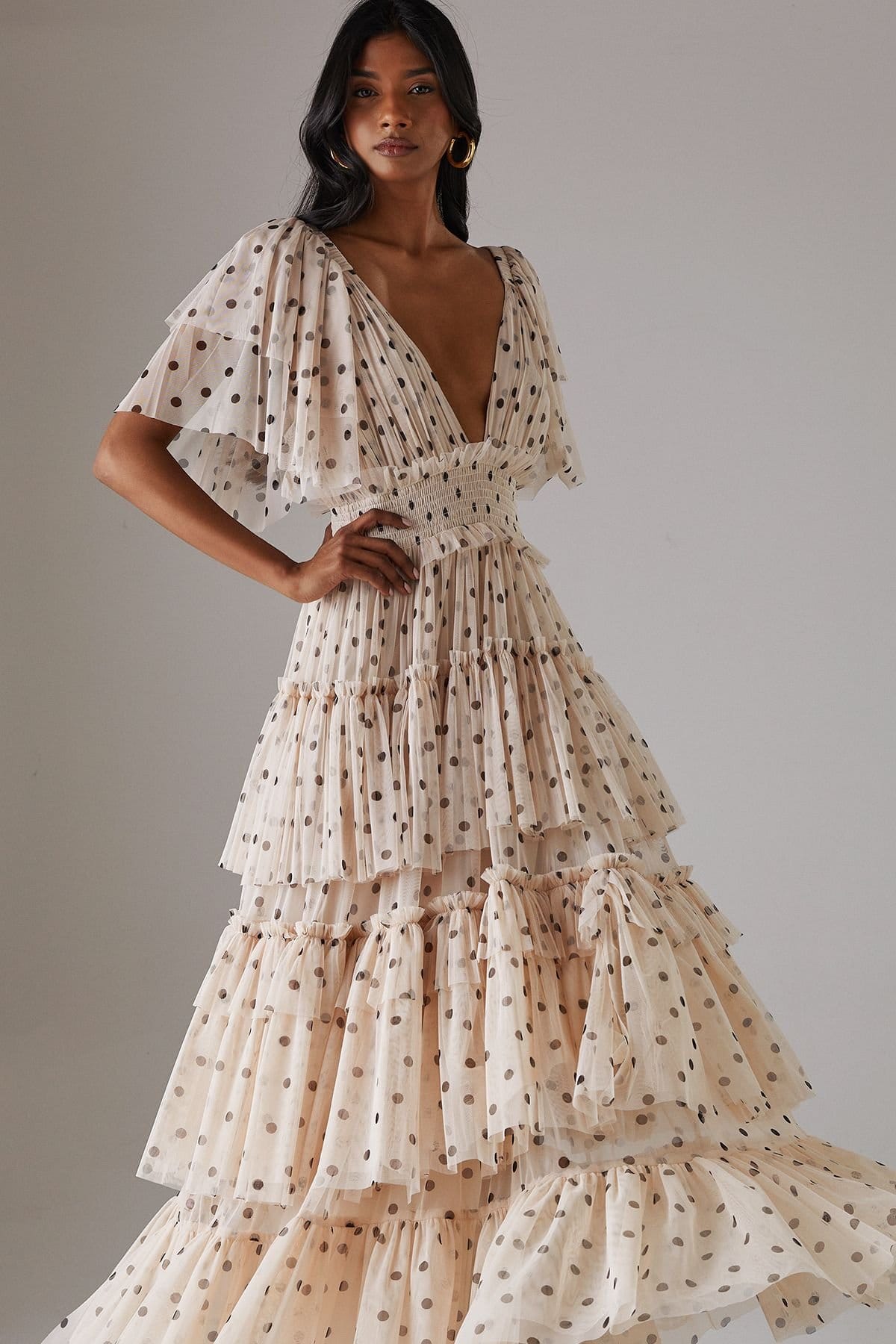 Warehouse Warehouse Women's Tulle Polka Dot Plunge Neck Flutter Sleeve Tier Maxi Dress in Cream - 4