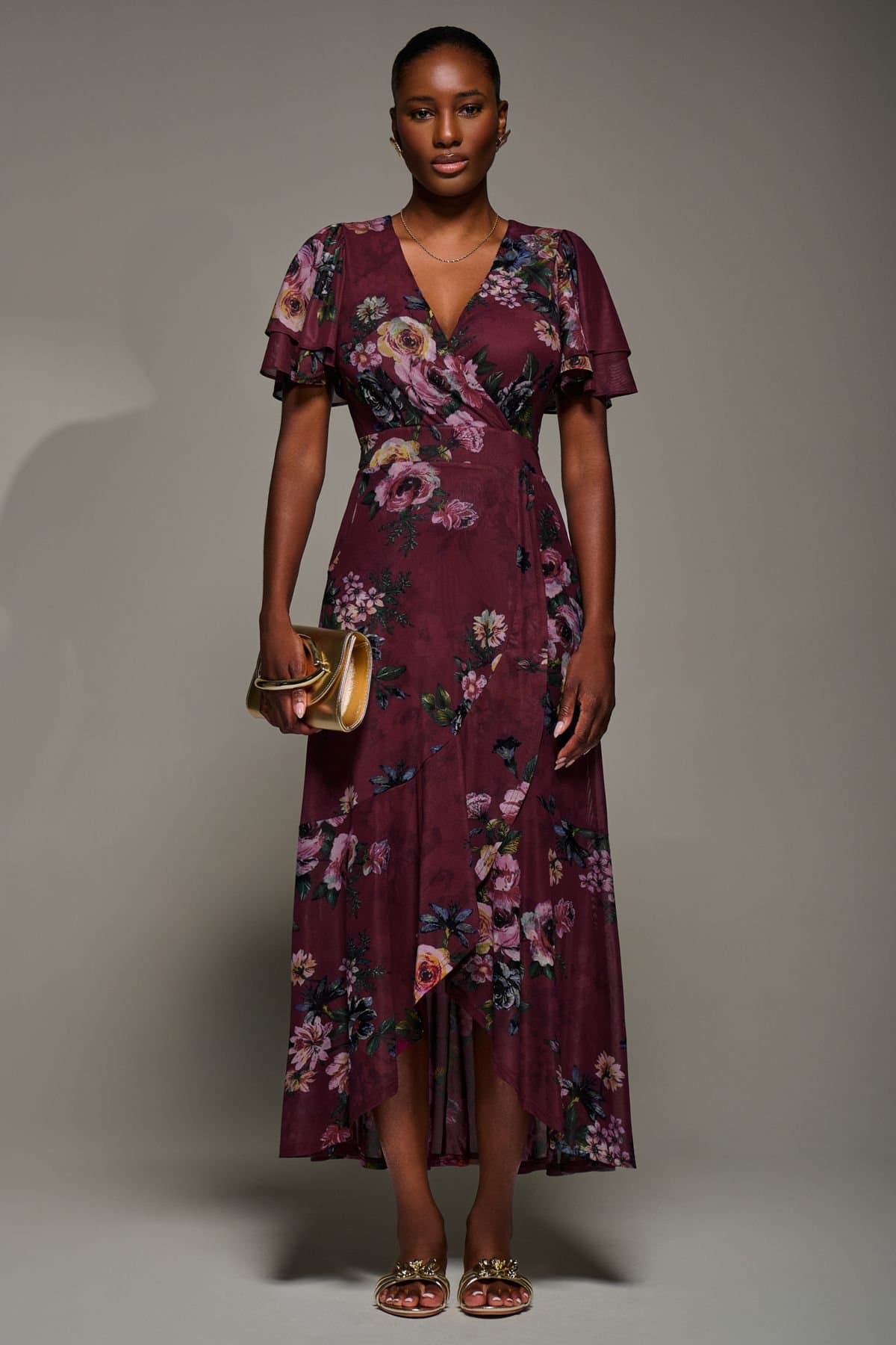 Jolie Moi Jolie Moi Women's Angel Sleeve Mesh Frill Wrap Maxi Dress in Burgundy