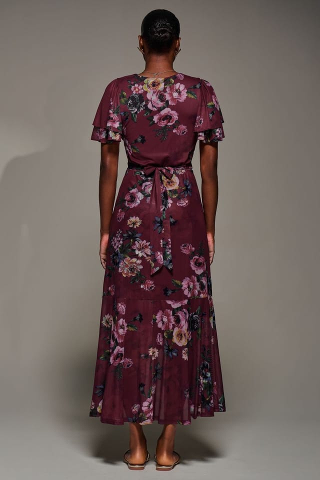 Jolie Moi Jolie Moi Women's Angel Sleeve Mesh Frill Wrap Maxi Dress in Burgundy - 2