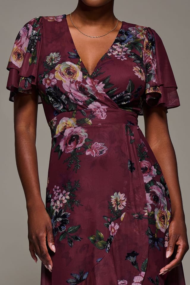 Jolie Moi Jolie Moi Women's Angel Sleeve Mesh Frill Wrap Maxi Dress in Burgundy - 3