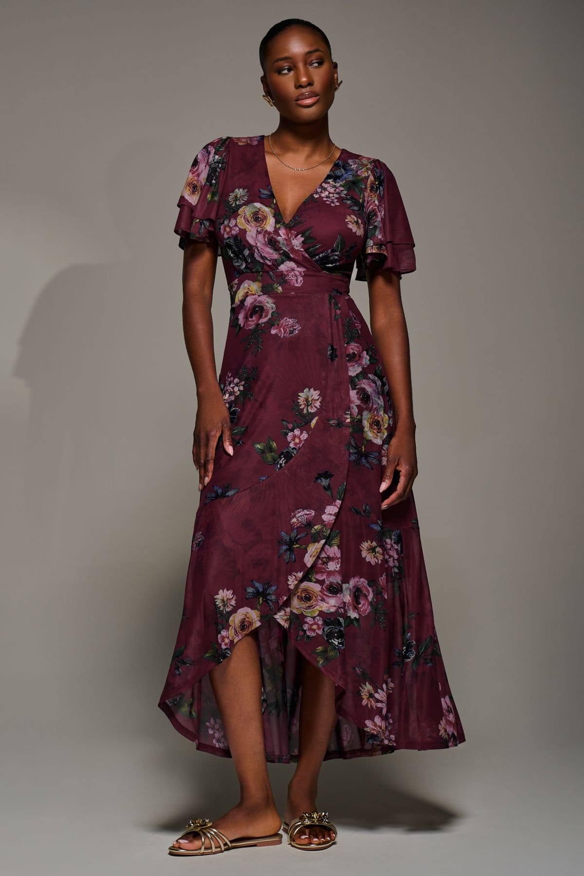 Jolie Moi Jolie Moi Women's Angel Sleeve Mesh Frill Wrap Maxi Dress in Burgundy - 4