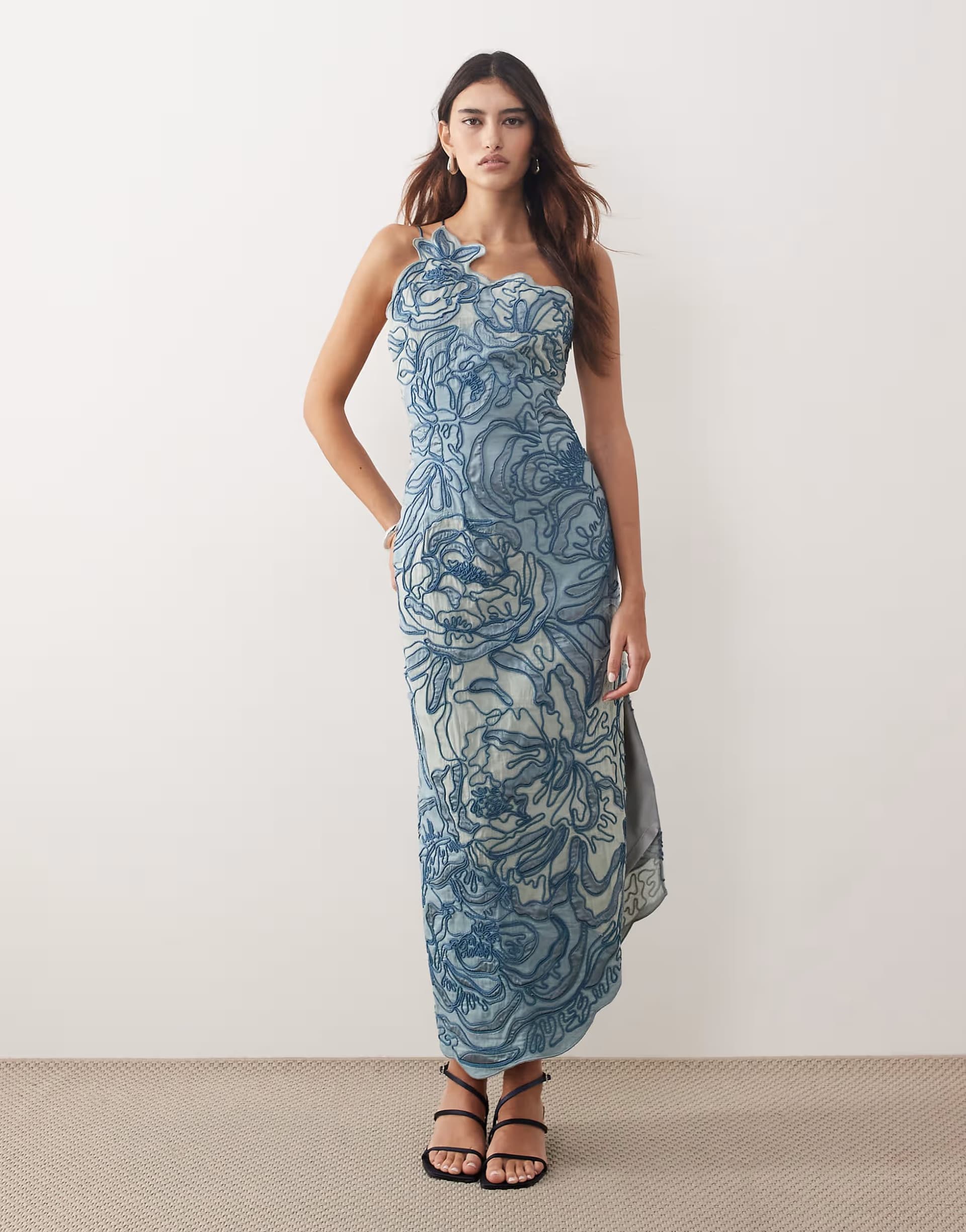 ASOS ARRANGE linear floral embroidered one shoulder column maxi dress in blue 