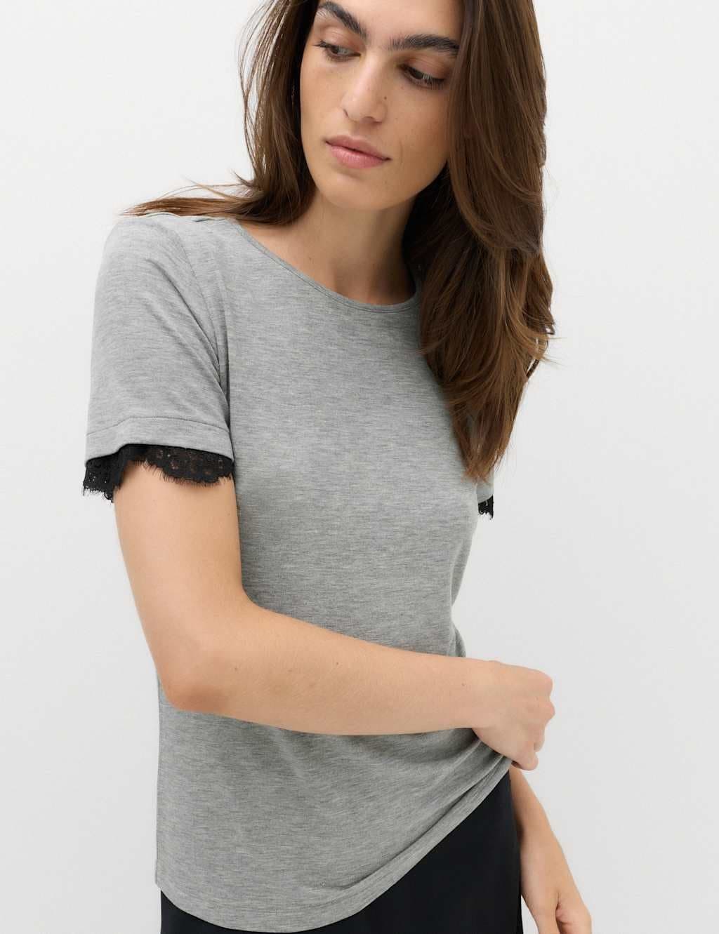 Marks & Spencer M&S Short Sleeve Lace Trim T-Shirt Grey Marl