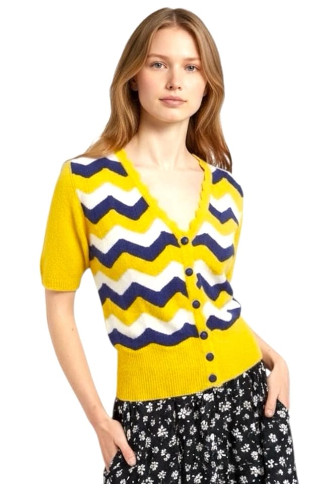 Louche Louche Women's Jeanie Zig Zag Stripe Short Sleeve Cardigan Mustard in Yellow - 2