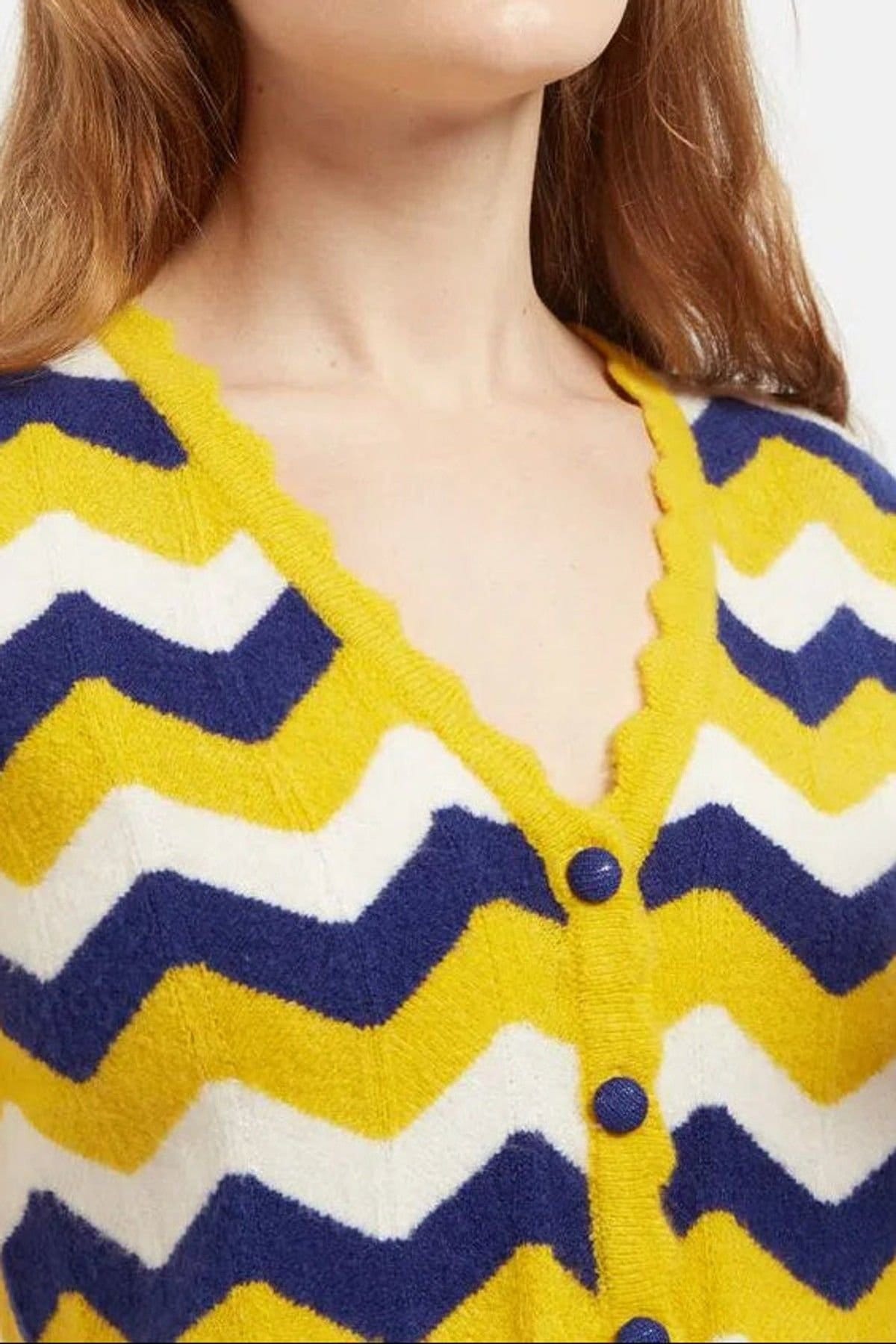 Louche Louche Women's Jeanie Zig Zag Stripe Short Sleeve Cardigan Mustard in Yellow - 4