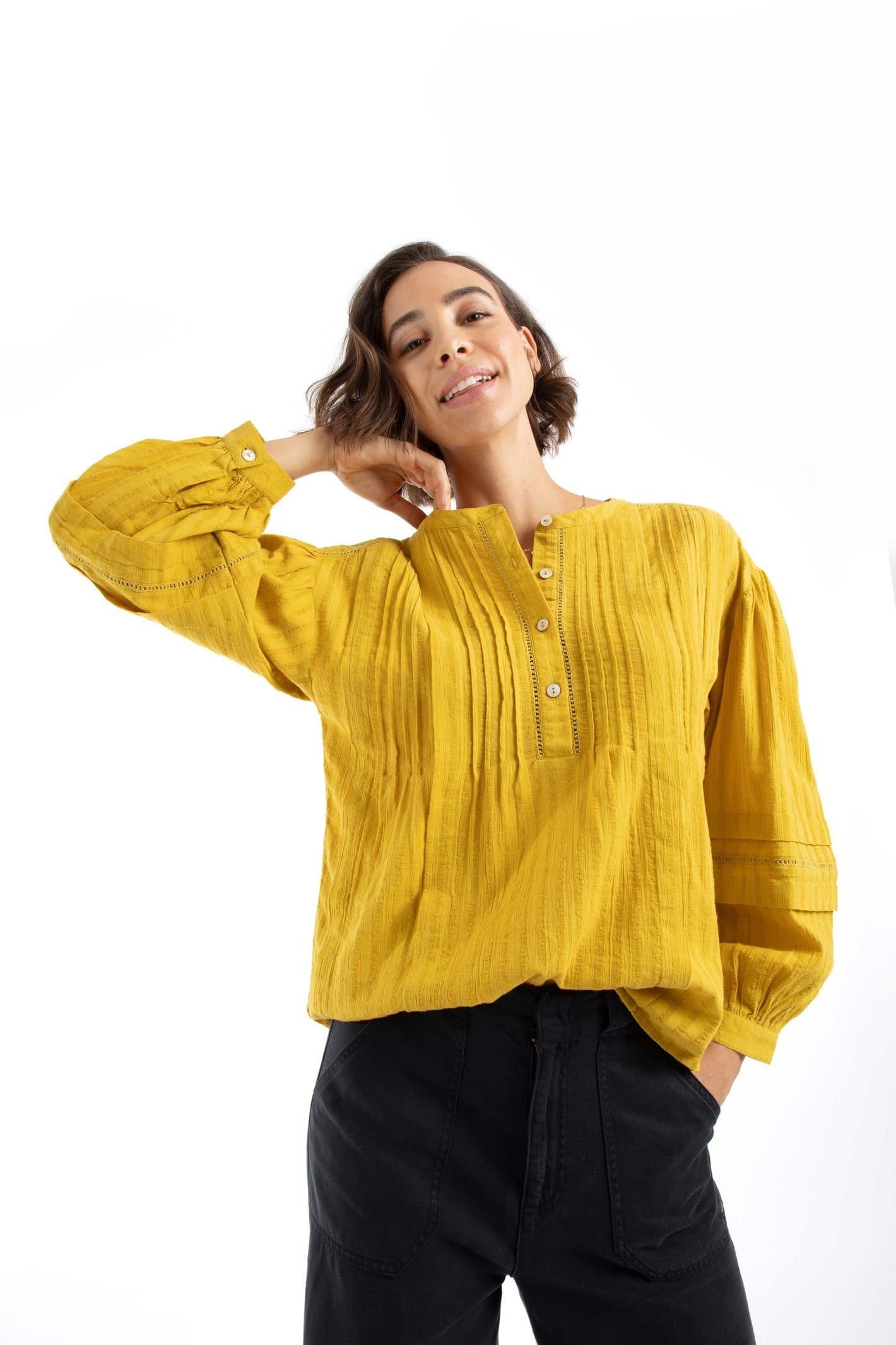 Weird Fish Weird Fish Women's Skyler Jacquard Seersucker Cotton Blouse in Light Green