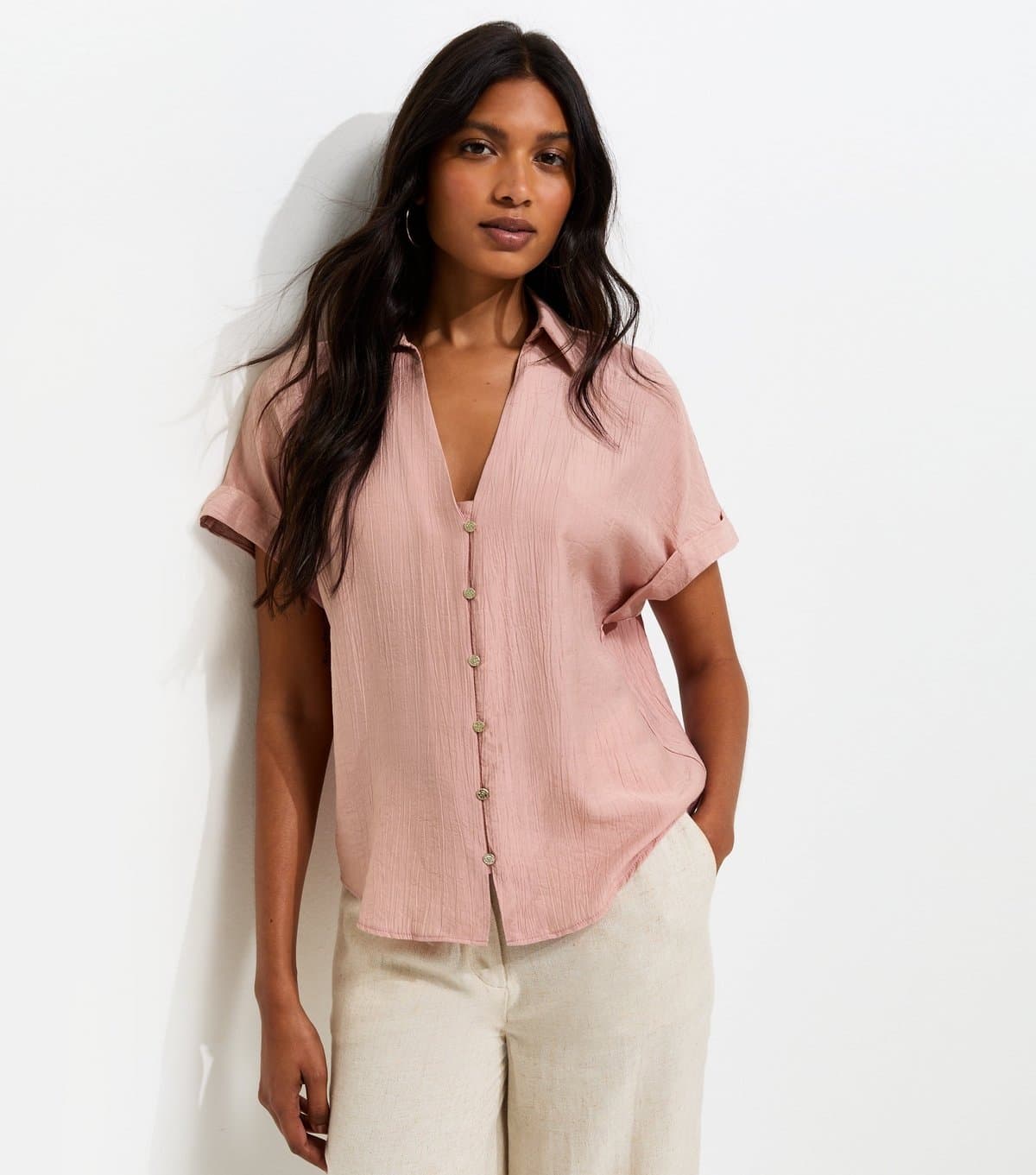 New Look Women's Pink Crinkled Short Sleeve Shirt New Look
