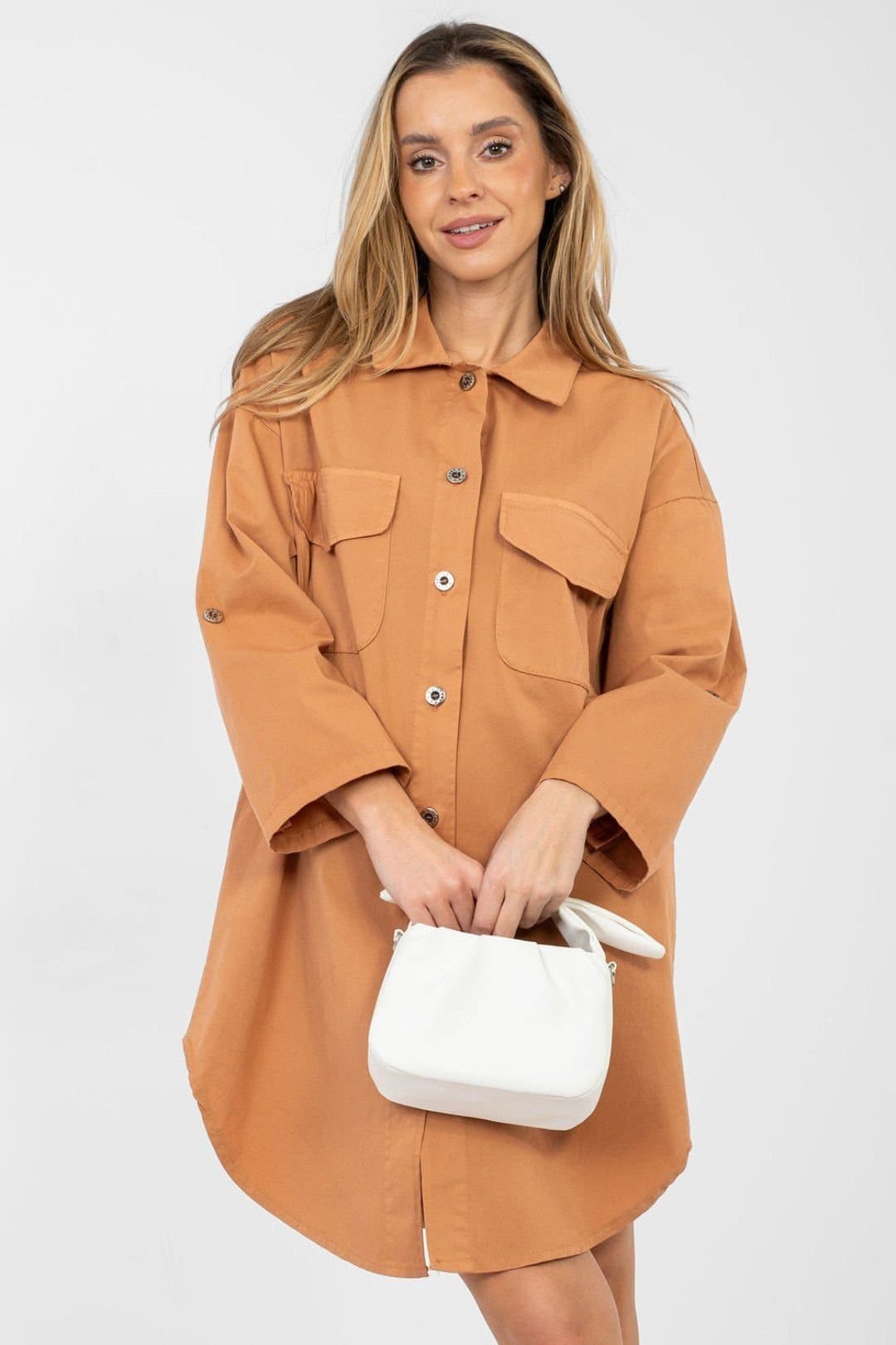 Love Lace Love Lace Women's Cotton Elastane Button Up Shirt Dress in Tan