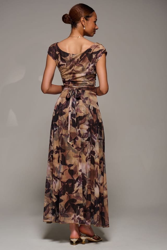 Jolie Moi Jolie Moi Women's Asymmetric Draped Mesh Maxi Dress in Brown - 2