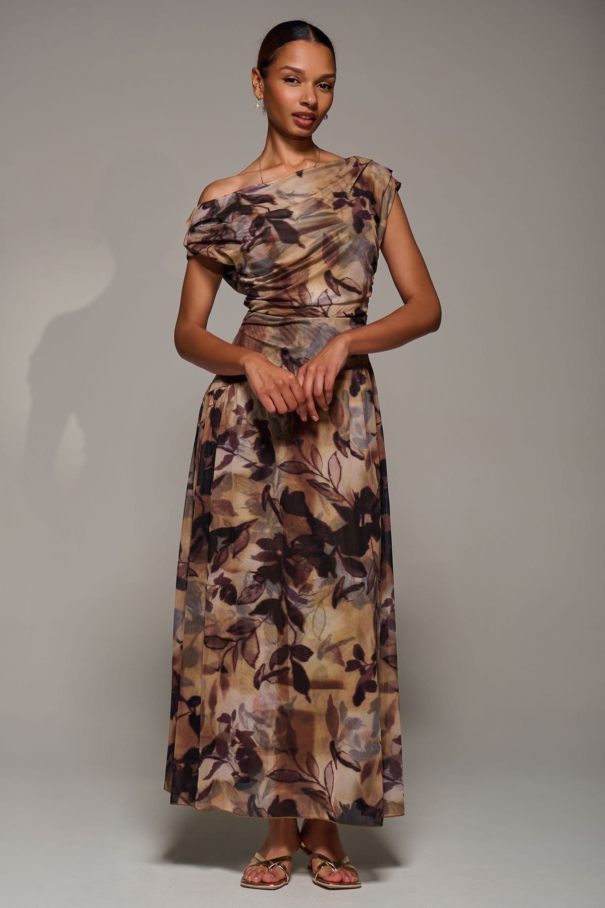 Jolie Moi Jolie Moi Women's Asymmetric Draped Mesh Maxi Dress in Brown - 4