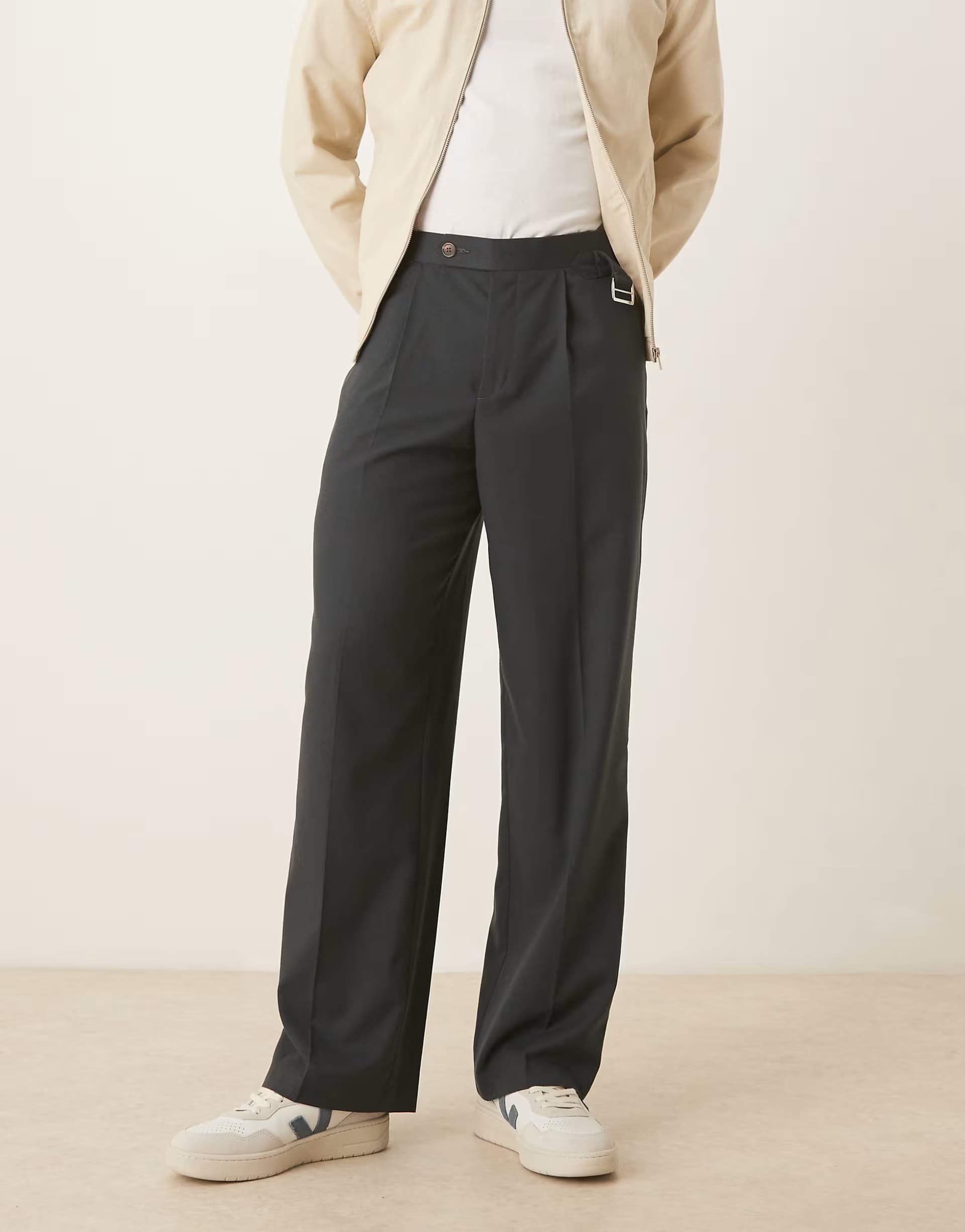 ASOS ASOS DESIGN smart wide leg flannel trousers with front pleat and side adjuster in dark green