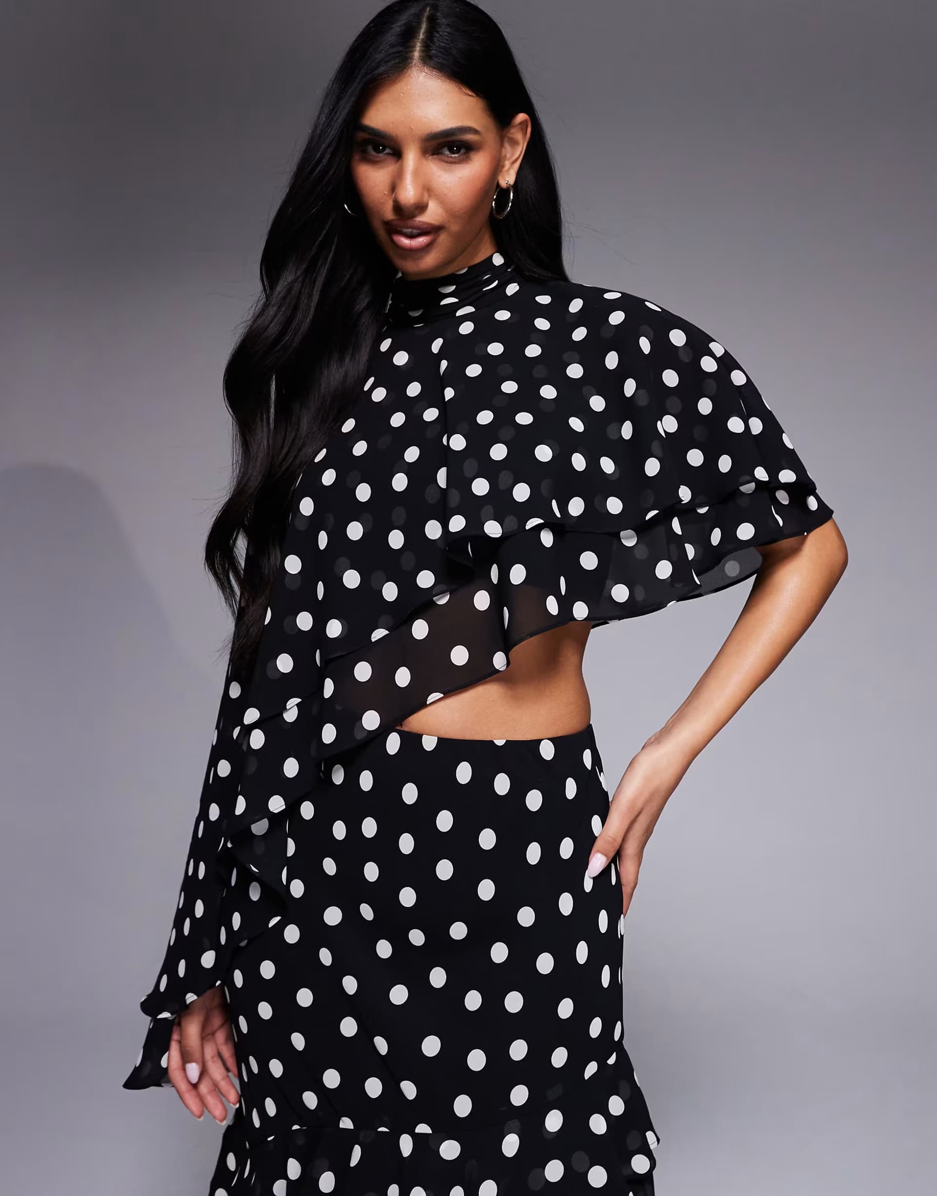 ASOS Forever New chiffon asymmetric crop top co-ord in mono polka dot