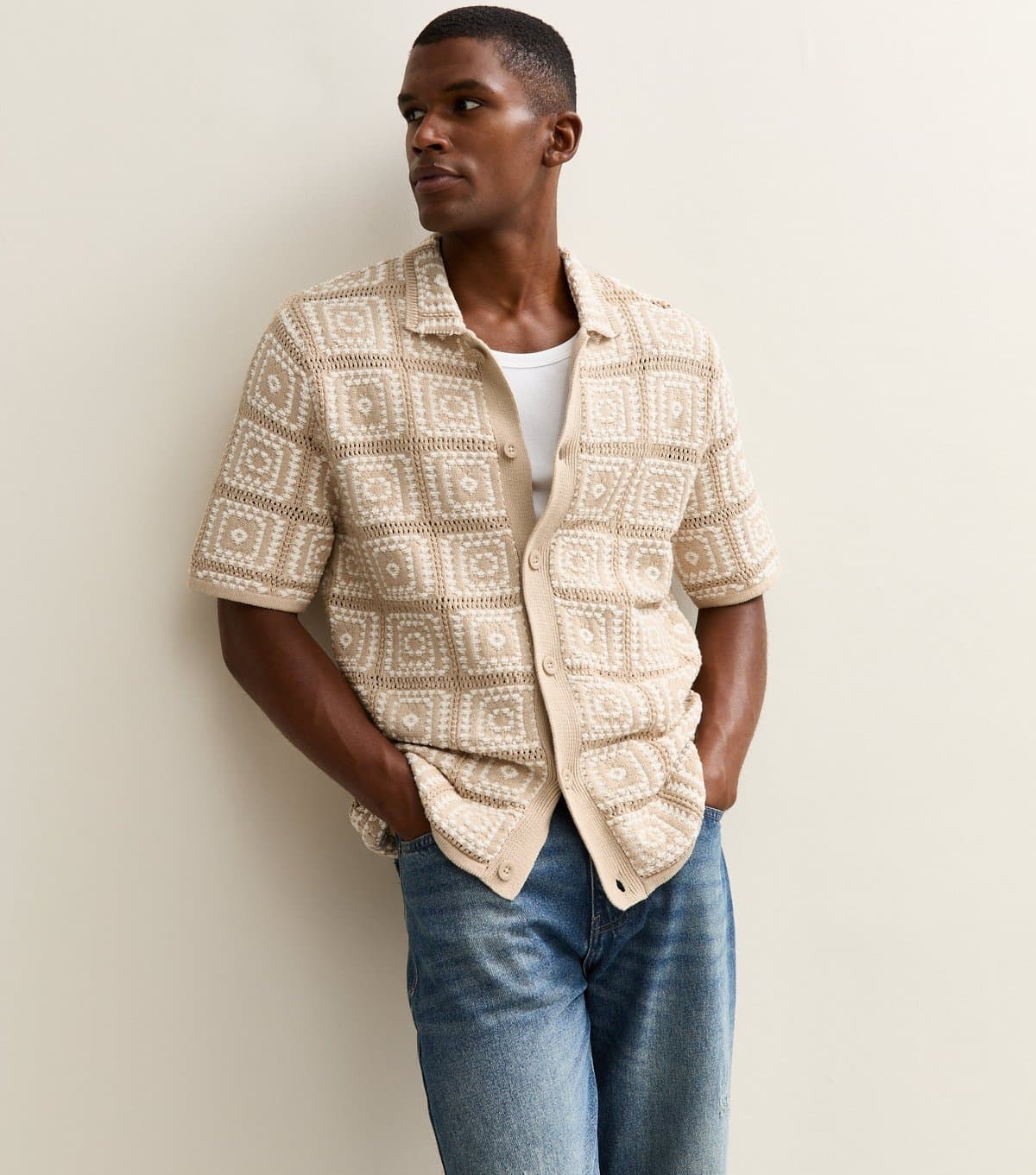 Only and Sons Men's Stone Crochet Knit Relaxed Shirt Only and Sons New Look