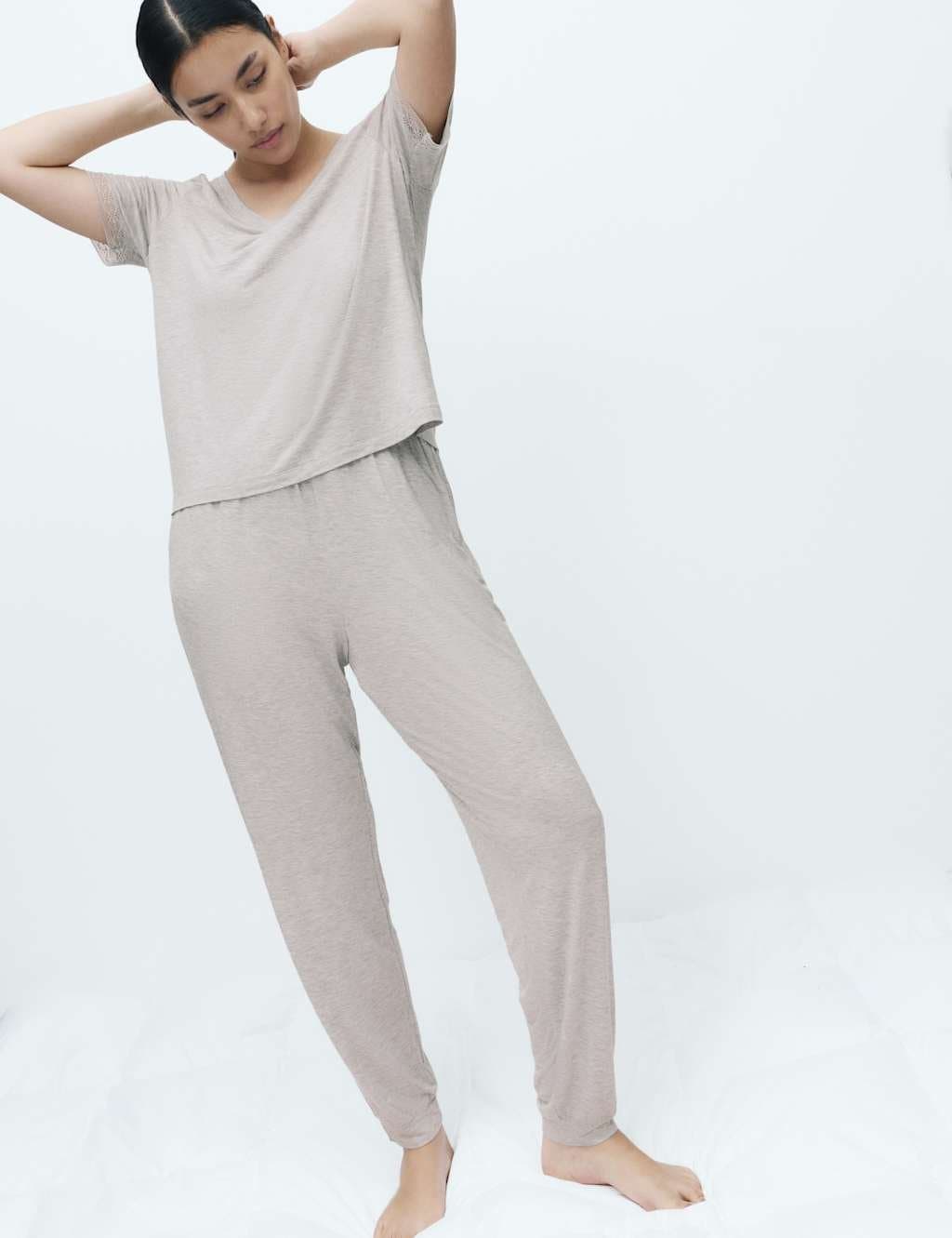 Marks & Spencer M&S Lace Trim Cuffed Hem Pyjama Set Grey