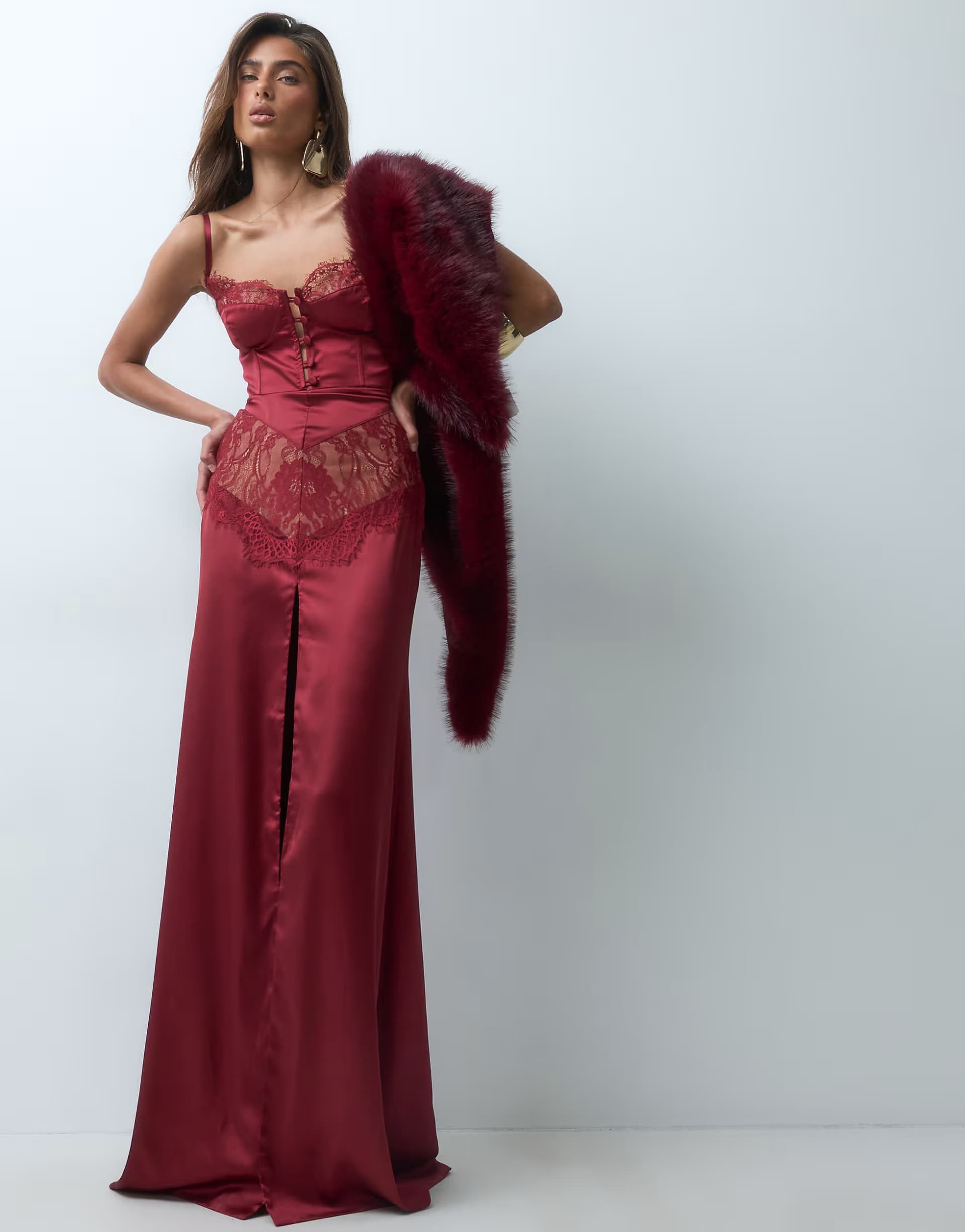 ASOS The Dolls House Circa Dolce exclusive premium satin and lace insert cami maxi dress in burgundy