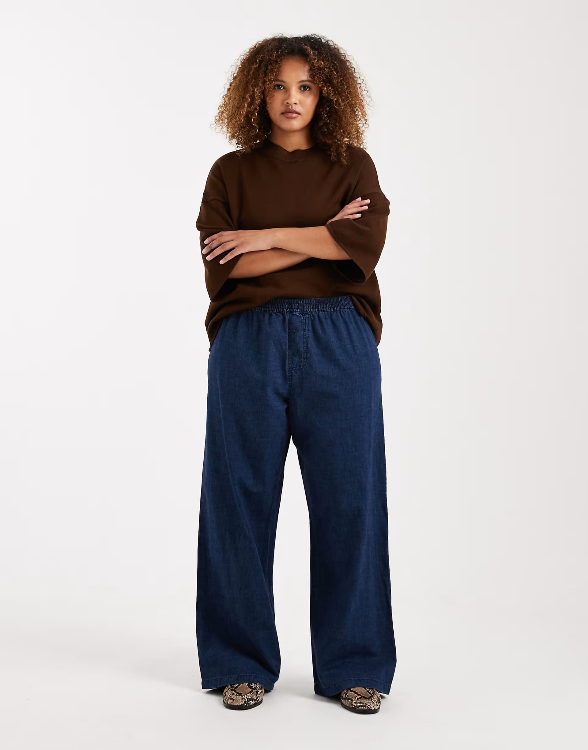 ASOS ASOS DESIGN Curve boxer waist wide leg denim trouser in indigo