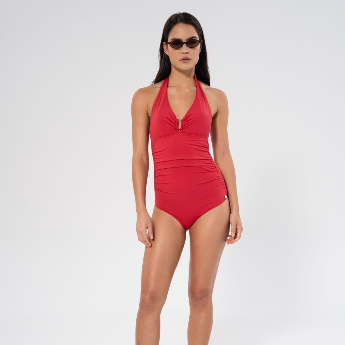 Panos Emporio Panos Emporio Women's Niovi solid swimsuit in lipstick red with halter tie & back latch in Light Red