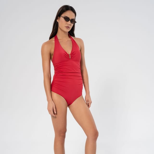 Panos Emporio Panos Emporio Women's Niovi solid swimsuit in lipstick red with halter tie & back latch in Light Red - 3