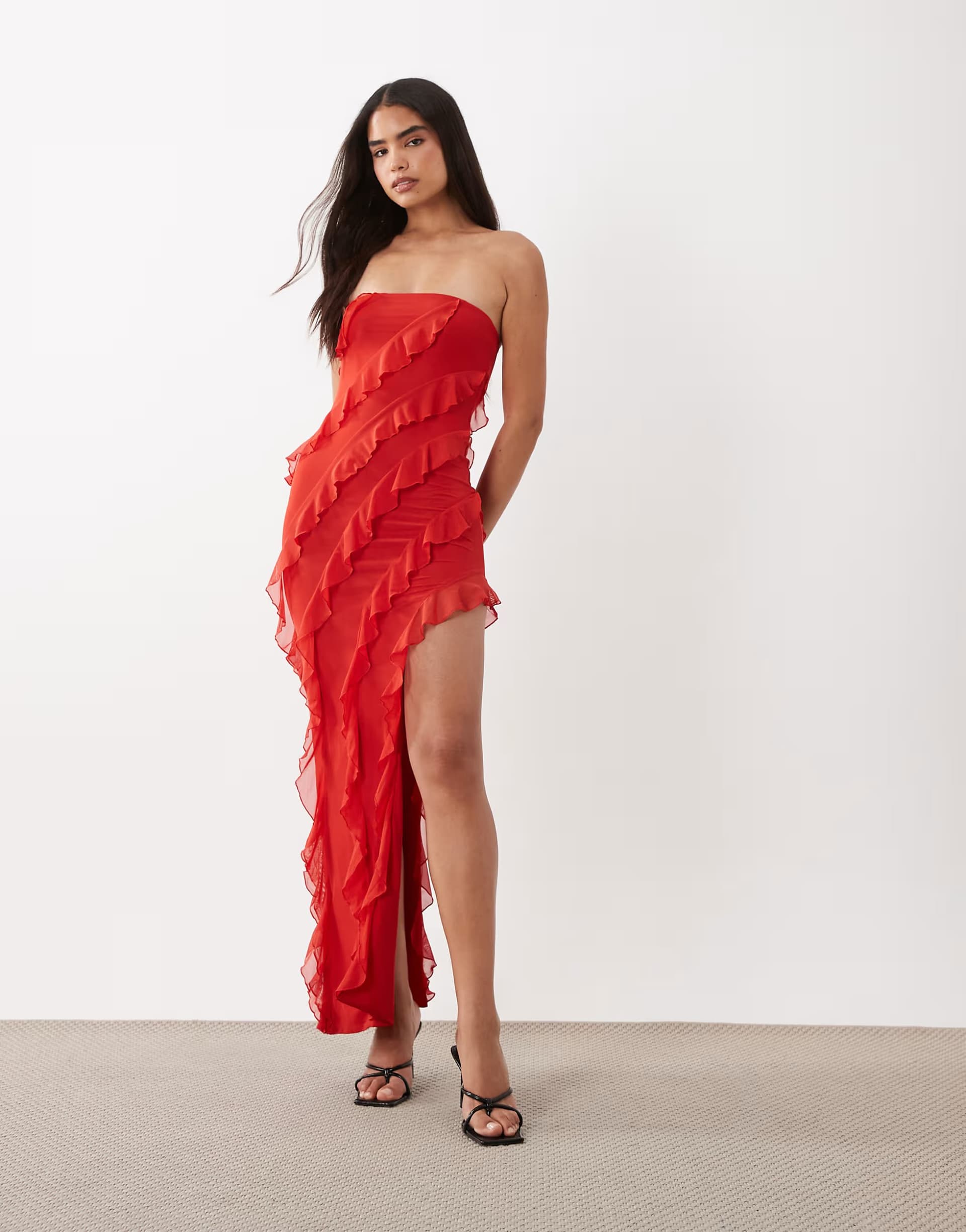 ASOS Oh Polly bandeau asymmetric ruffle detail maxi dress in red