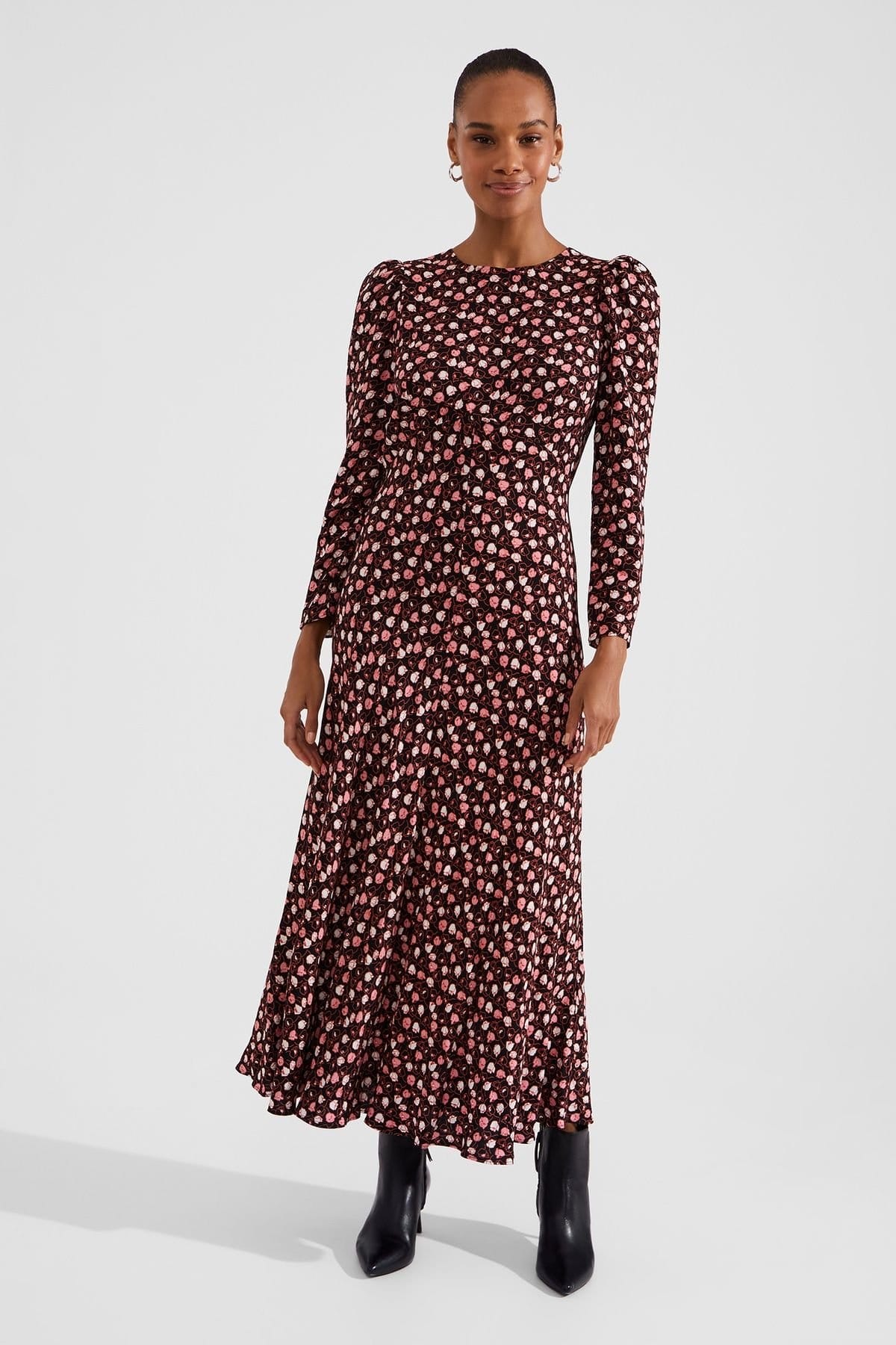 Hobbs London Floral Print Long-Sleeve Midi Dress In Pink