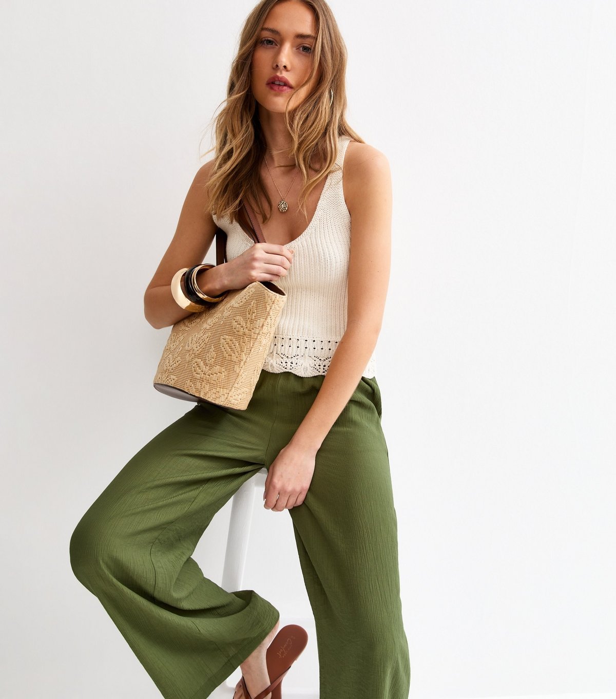 New Look Women's Khaki Crinkle Wide Leg Trousers New Look - 1