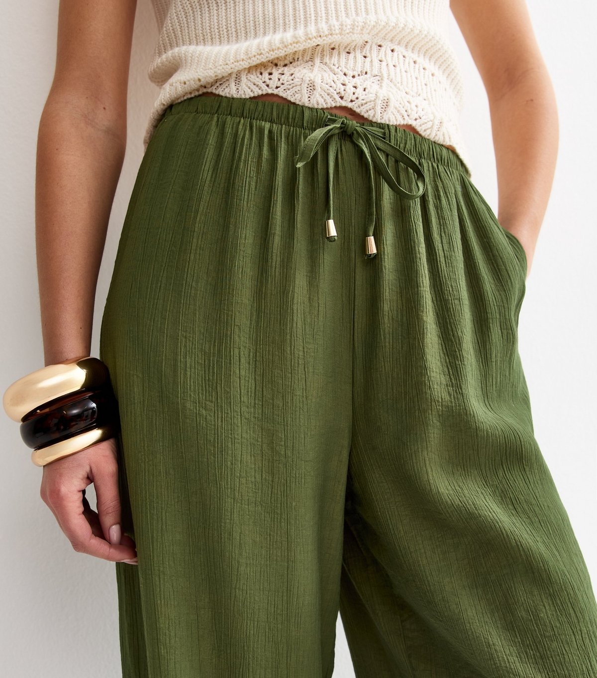 New Look Women's Khaki Crinkle Wide Leg Trousers New Look - 3