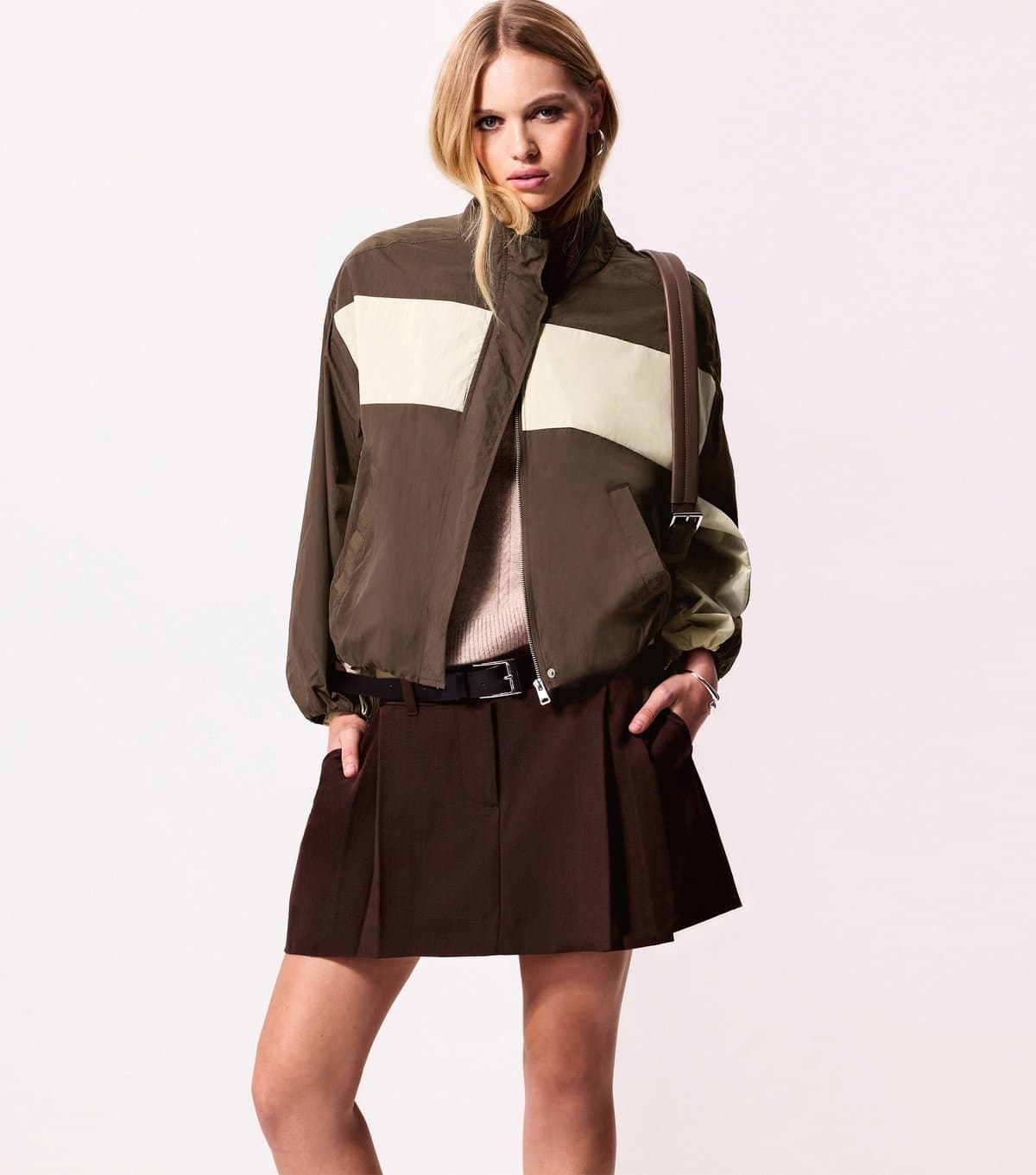 New Look Women's Brown Colour Block Bubbles Hem Zip Windbreaker Jacket New Look