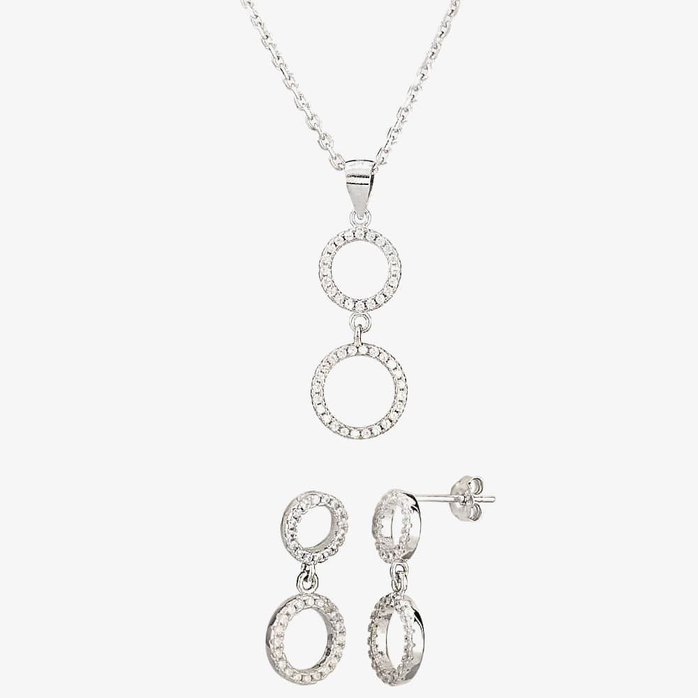T.H.Baker T.H.Baker Women's Silver Double Cubic Zirconia Halo Pendant & Dropper Earring Set SET12519