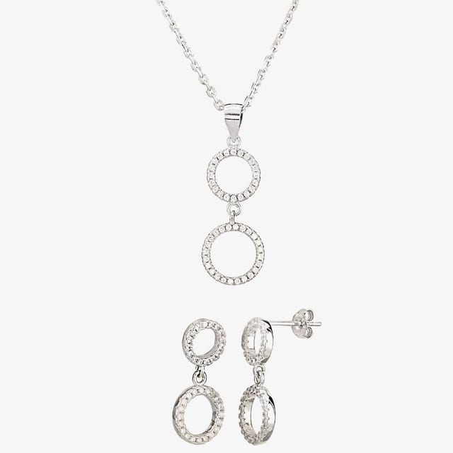 T.H.Baker T.H.Baker Women's Silver Double Cubic Zirconia Halo Pendant & Dropper Earring Set SET12519 - 2