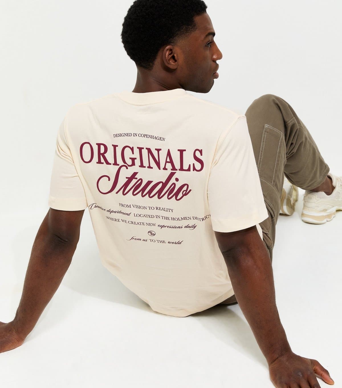 jack & jones Men's Cream Logo Print T-Shirt Jack & Jones New Look