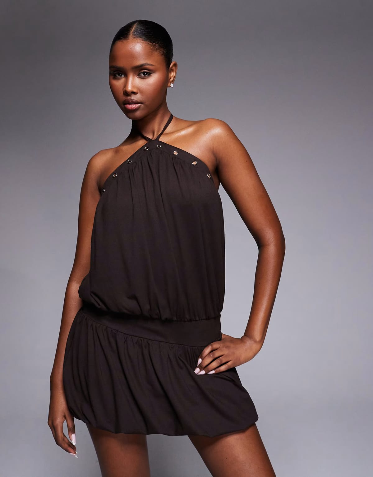 ASOS Tiger Mist Natasha eyelet detail halterneck dropped waist mini dress in chocolate - 1