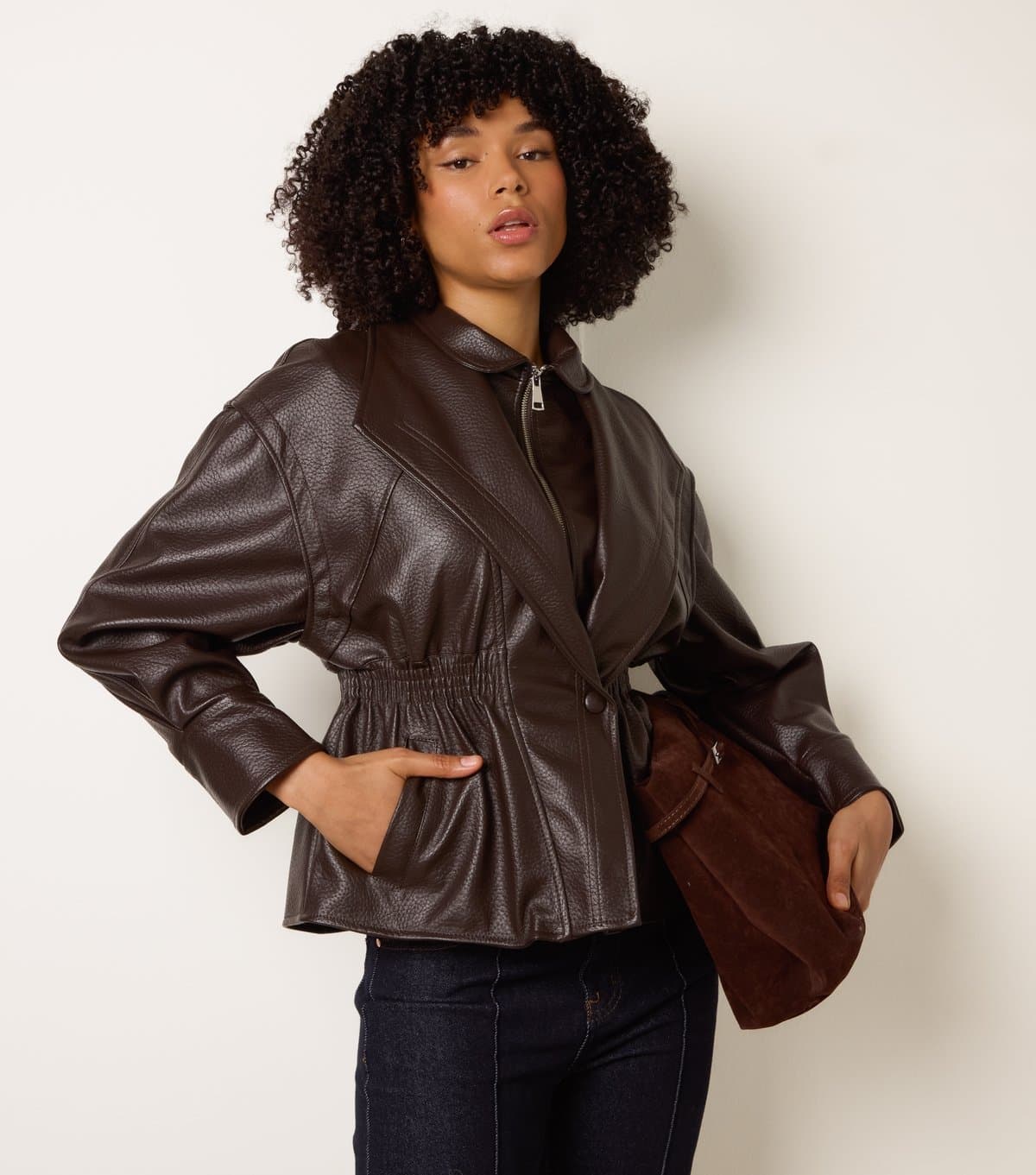Blue Vanilla Women's Dark Brown Elasticated Waist Faux Leather Jacket Blue Vanilla New Look