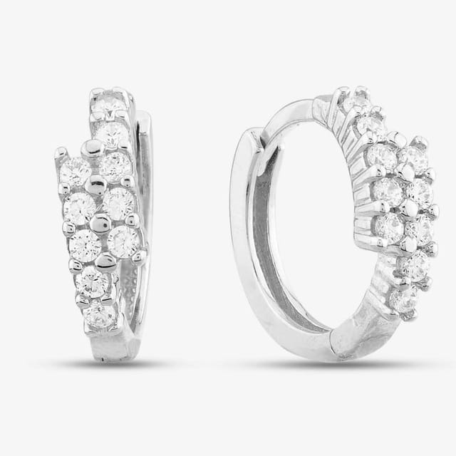 T.H.Baker T.H.Baker Women's 9ct White Gold Cubic Zirconia Two Row Hoop Earrings E1631W in Silver - 2