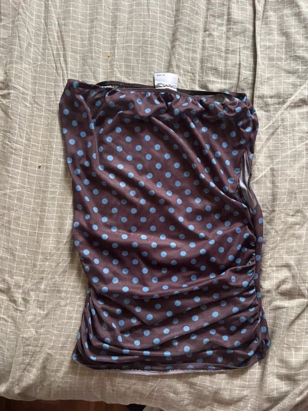 ASOS Design ASOS Design gathered short sleeve off shoulder mesh top in brown polka dot