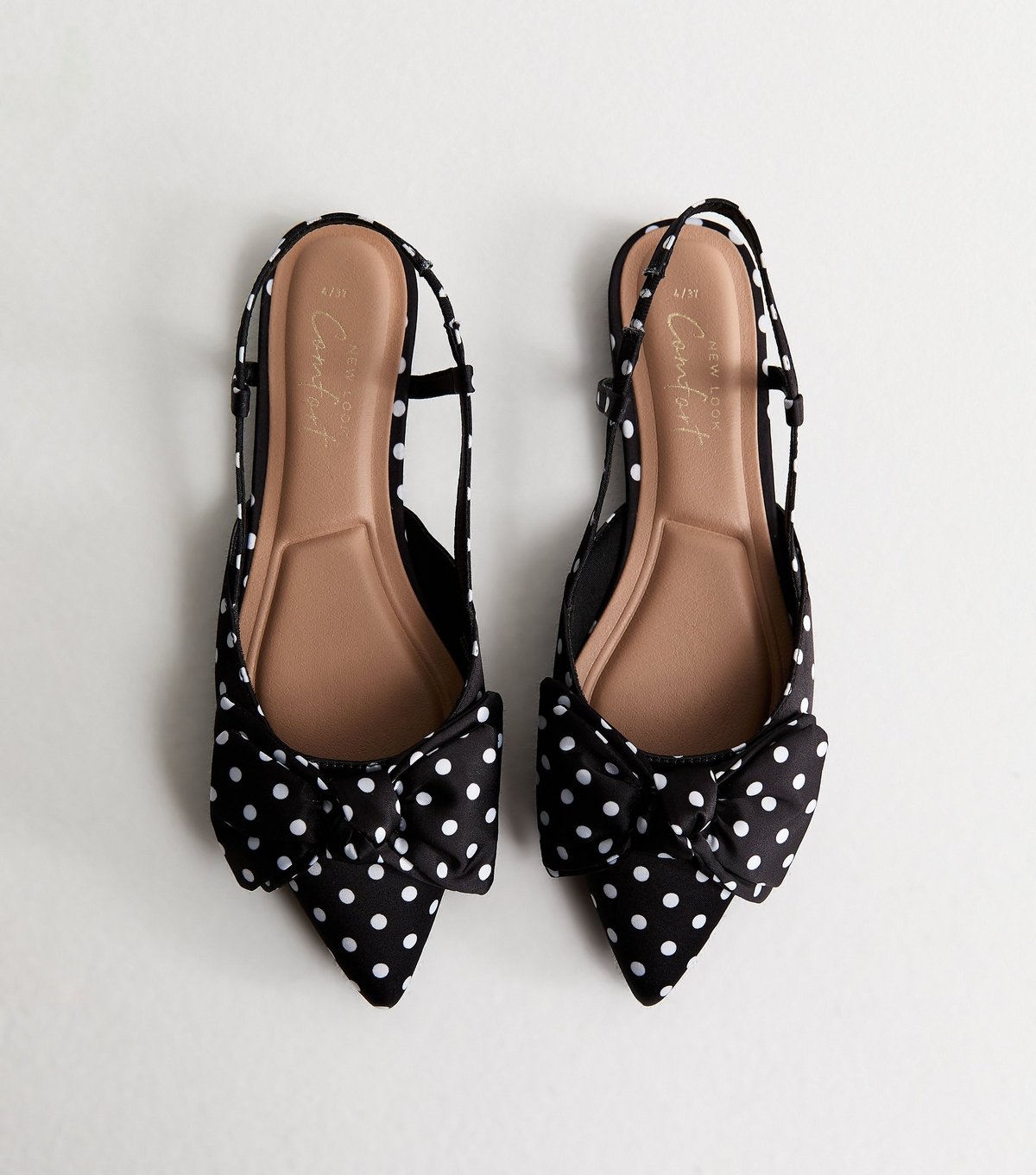 New Look Women's Black Polka Dot Satin Bow Embellished Slingback Flats Vegan New Look - 2