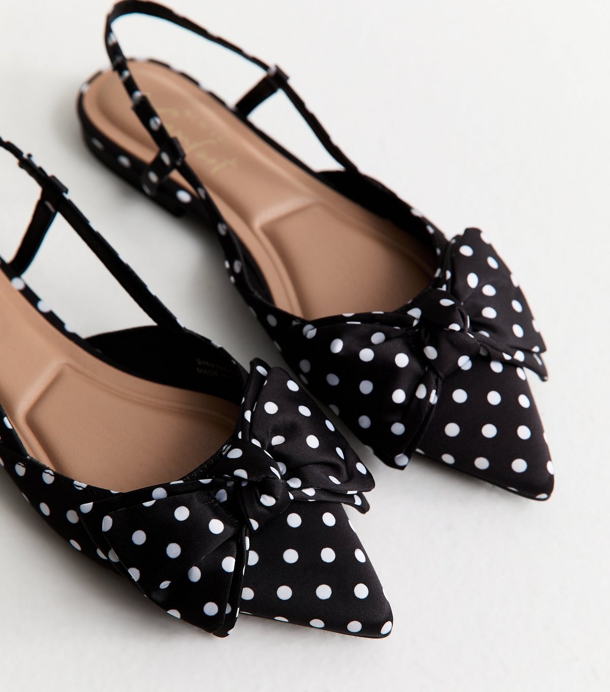New Look Women's Black Polka Dot Satin Bow Embellished Slingback Flats Vegan New Look - 3