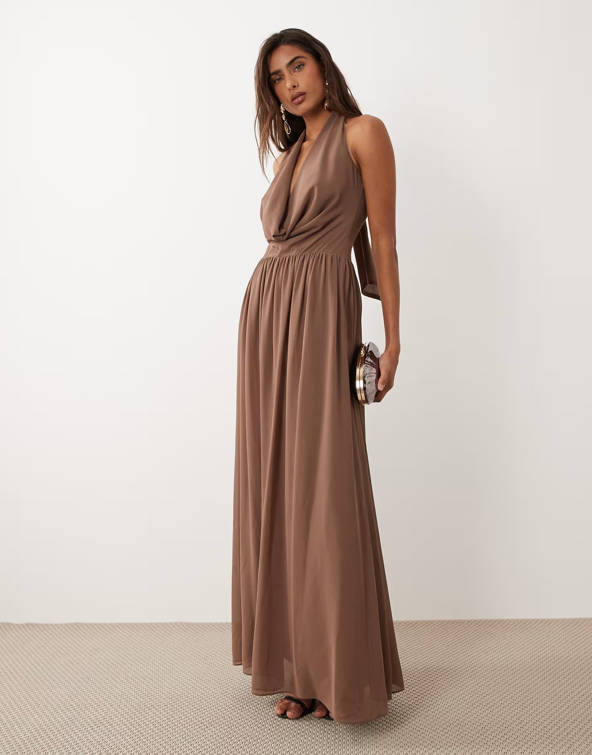 ASOS Aria Cove plunge cowl neck wrap scarf detail maxi dress in mocha
