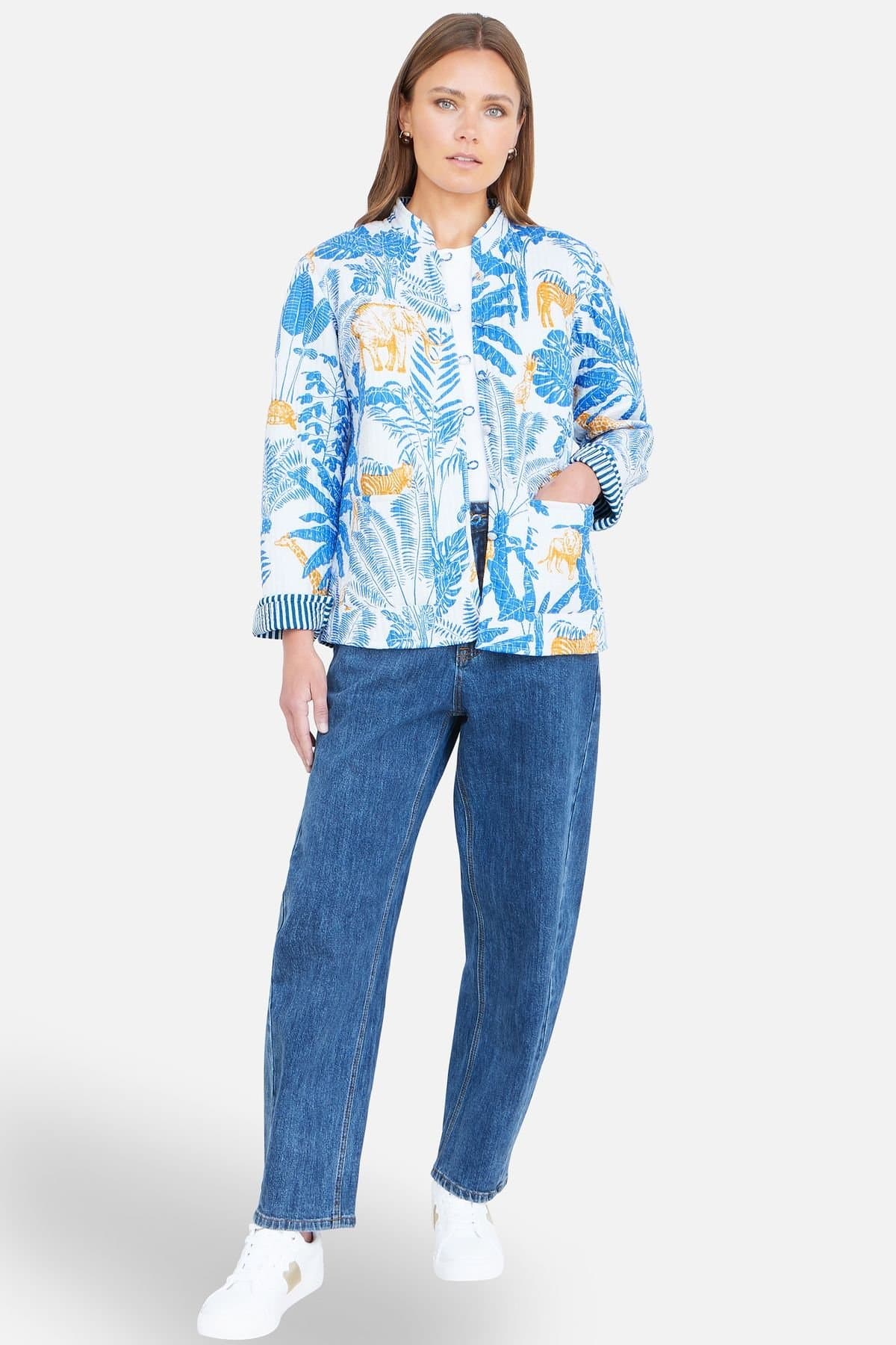 Yumi Yumi Women's Blue Jungle Reversible Cotton Quilted Jacket in Bright Blue