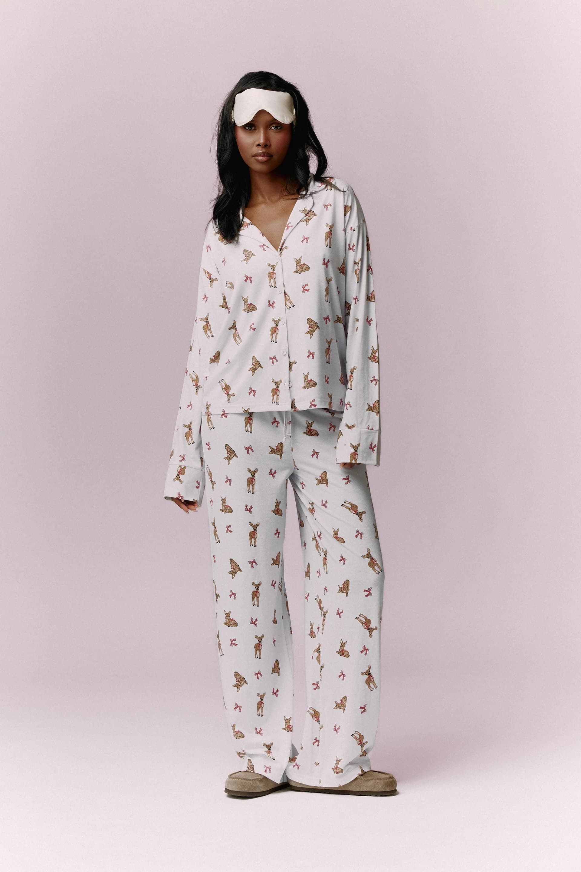 Kaiia Kaiia Deer Print Button Down Top & Trouser Pyjama Set Cream