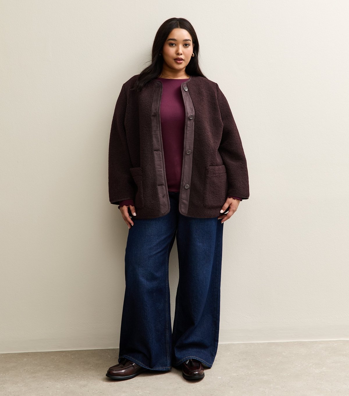New Look Women's Plus Size Burgundy Borg Button Through Jacket Curves New Look - 3