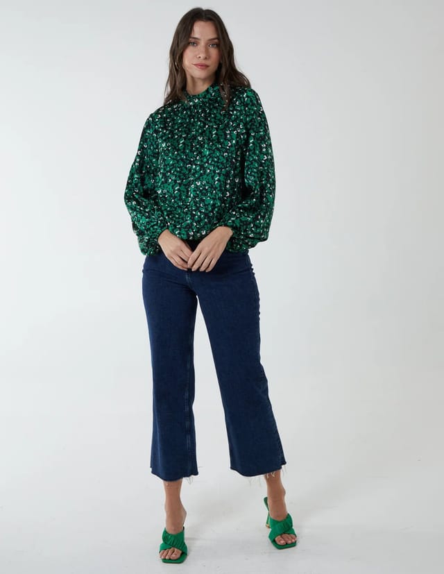 Blue Vanilla High Neck Leopard Print Satin Blouson Top - 3