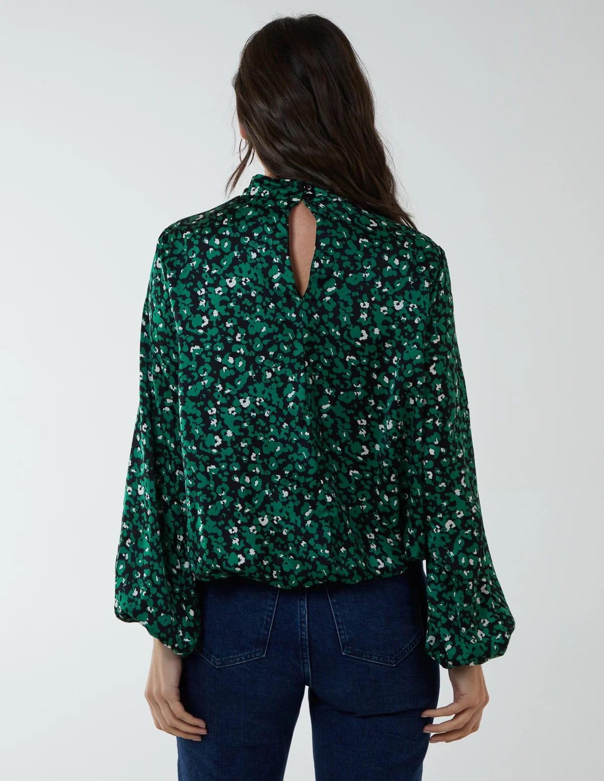 Blue Vanilla High Neck Leopard Print Satin Blouson Top - 4