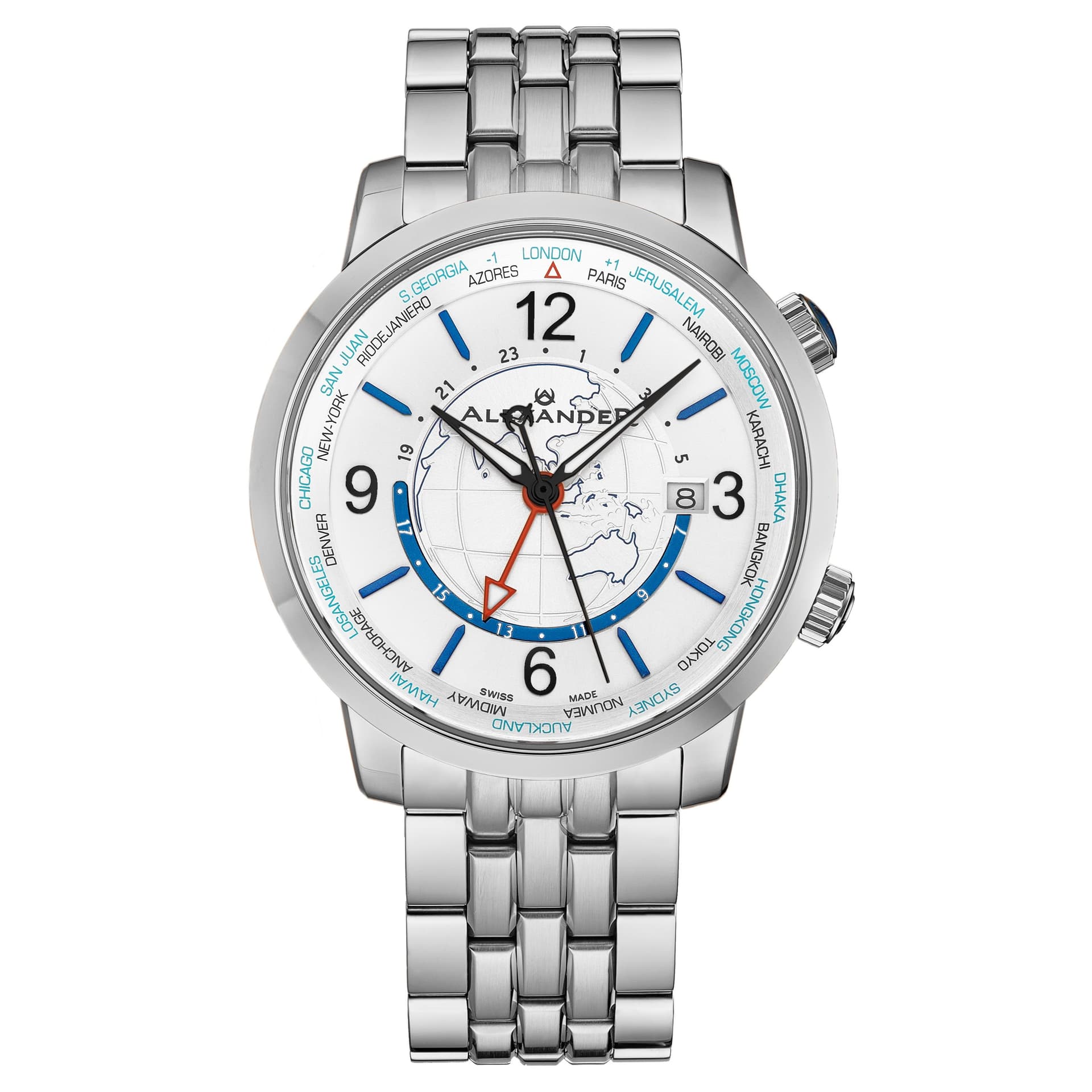 Alexander Alexander Men's A171B Journeyman 2 42mm Luxury World Traveler Watch in Silver