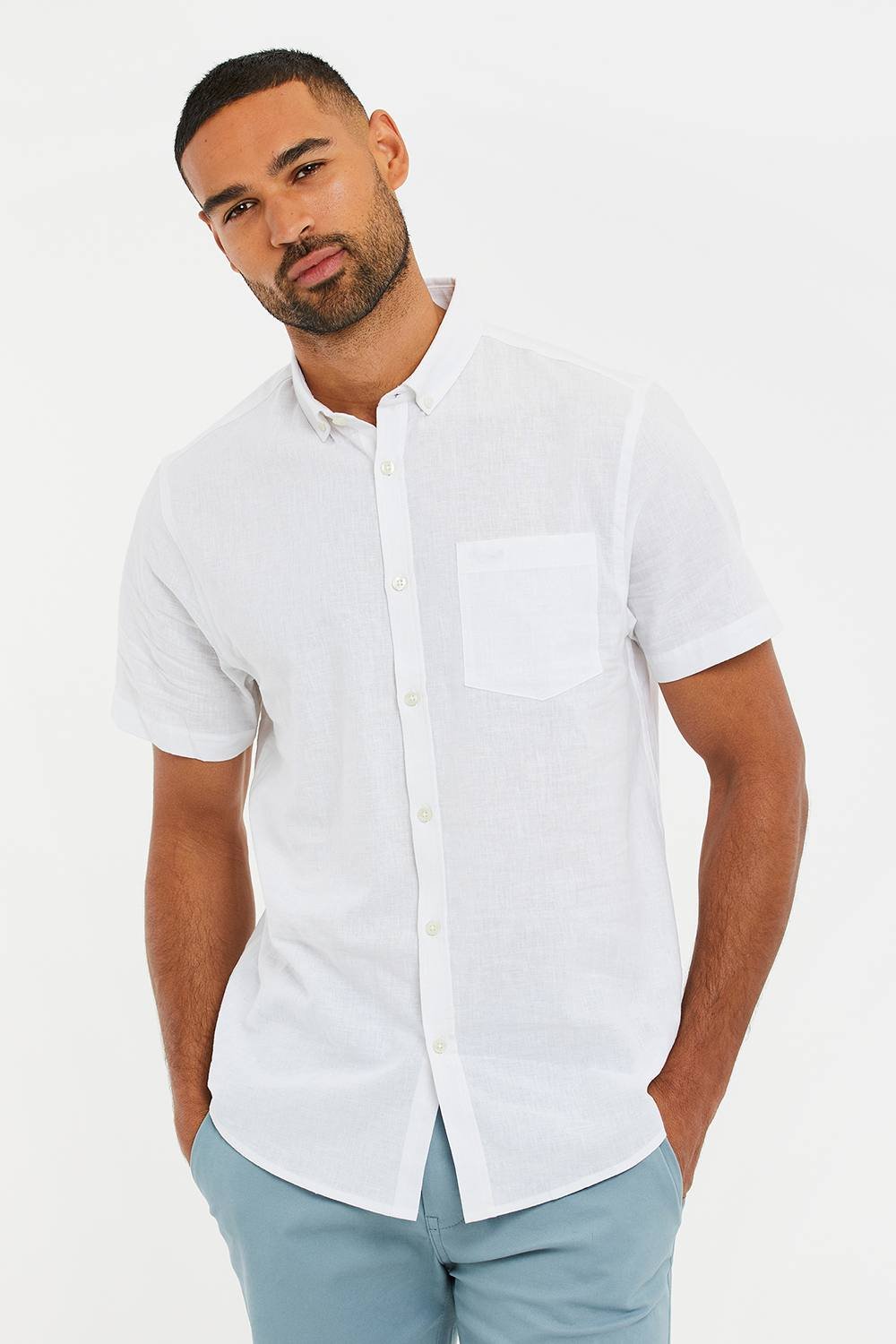 Threadbare Threadbare Men's 'Dragon' Cotton-Linen Blend Short-Sleeve Shirt in White - 4