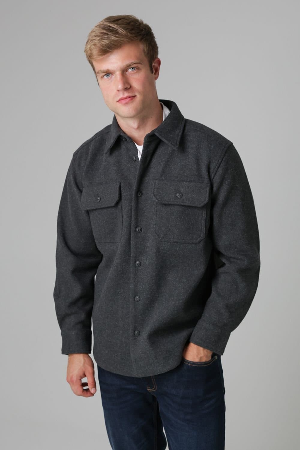 Tokyo Laundry Tokyo Laundry Men's Brushed Back Fleece Long Sleeve Shirt in Charcoal
